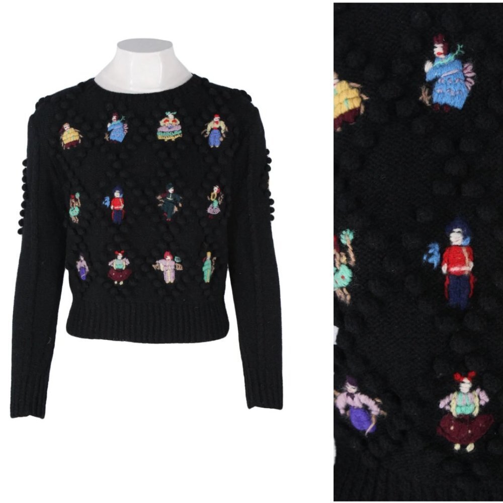 Vintage 80s Norma Kamali Doll Applique Bobble Knit Sweater Small